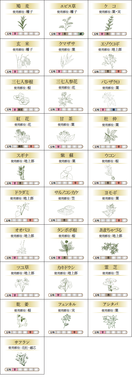 27種類の和漢草 使用部位と五味